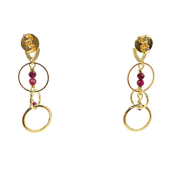 Brinco de Pedra Natural Rubi e Argola banhado em Ouro 18K