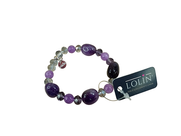 Pulseira Ametista com lapidação rolada e cristais (pulseira elástica)