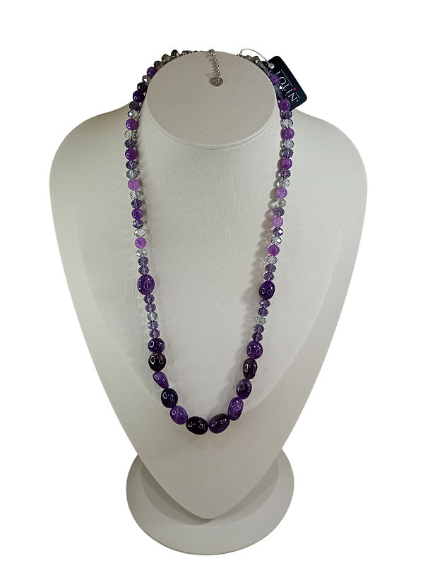 Colar de Pedra Natural Ametista Lapidação Rolada e Cristais e banhado em Ouro Branco