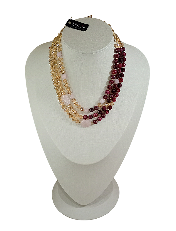 Conjunto de Pedra Natural Granada e Quartzo Rosa com Cristais e banho Ouro 18K