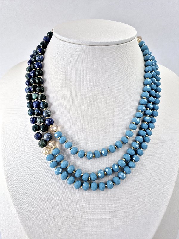 Colar Triplo Pedra Natural Azurita com Cristais e banho Ouro 18K