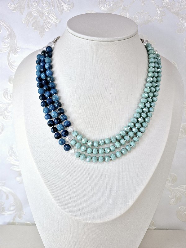 Colar Triplo Pedra Natural Apatita com Cristais e banho Ouro Branco