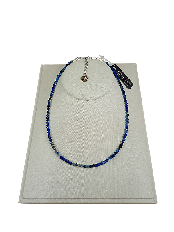 Colar Chocker de Pedra Natural Cianita Azul banhado em Ouro Branco