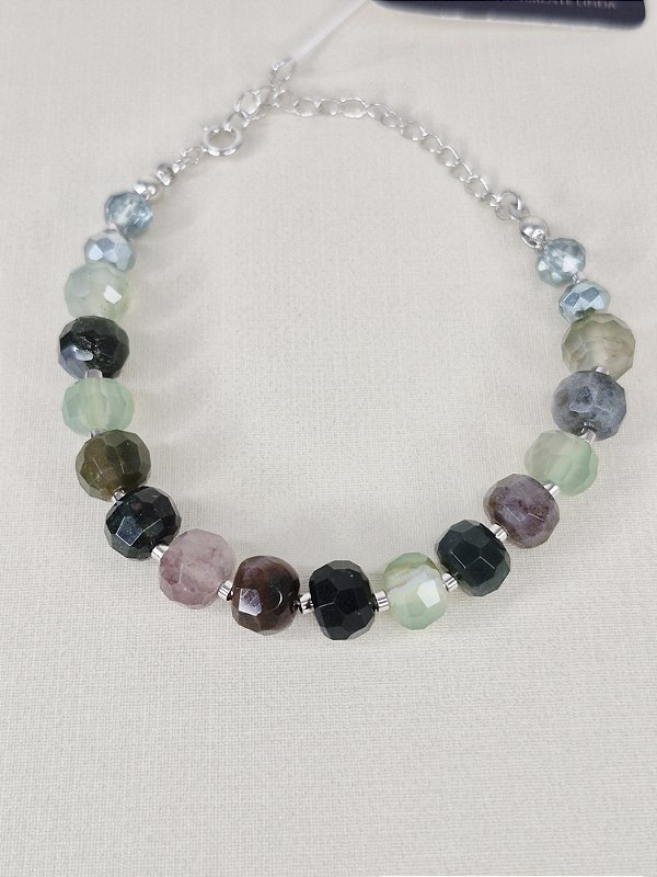 Pulseira com Fecho Pedra Natural Jaspe Oceânico Facetada banhado em Ouro Branco