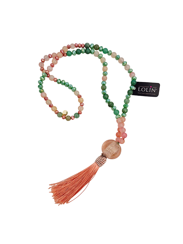 Colar Japamala Pedra Natural Quartzo Rosa e Verde com Cristais