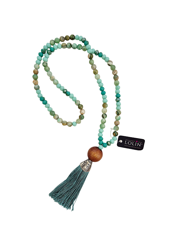 Colar Japamala Pedra Natura Clorita verde com Cristais