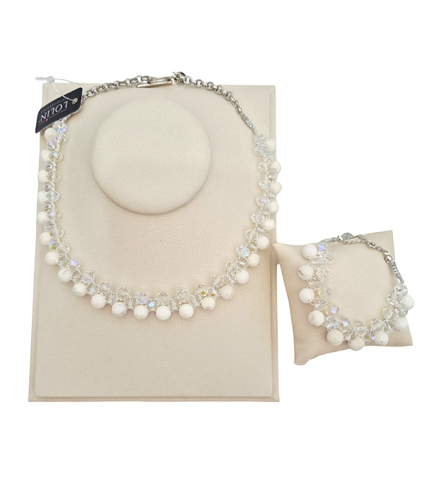 Conjunto Colar e Pulseira em Pedra Natural Ágata branca banhado em Ouro