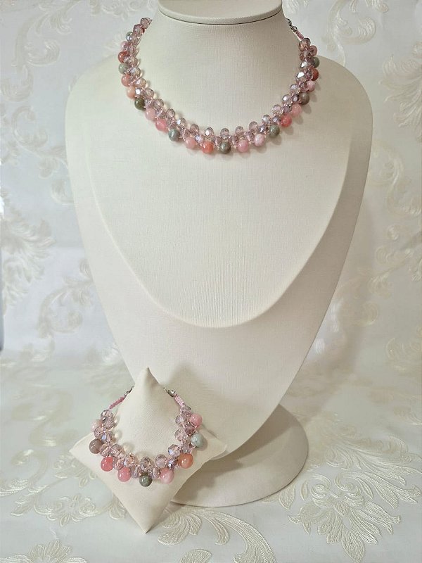 Conjunto Colar e Pulseira em Pedra Natural Ágata Multicolor banhado em Ouro