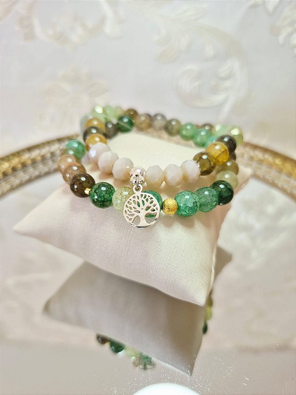 Conjunto Pulseira Quartzo Verde e pingente Árvore da Vida (pulseira elástica)