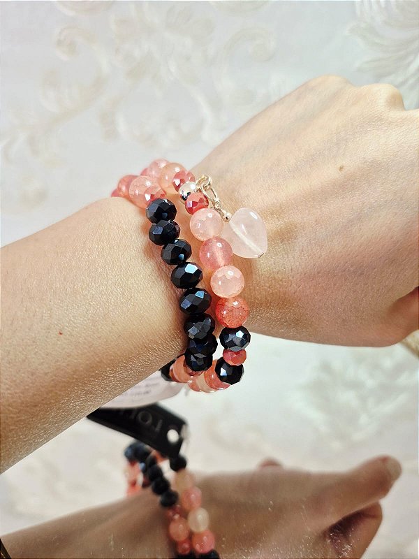 Conjunto Pulseira Quartzo Rosa e pingente Coração Quartzo (pulseira elástica)
