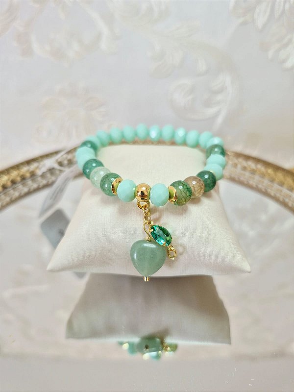 Pulseira Quartzo Verde e pingente Coração Quartzo Verde e zircônia (pulseira elástica)
