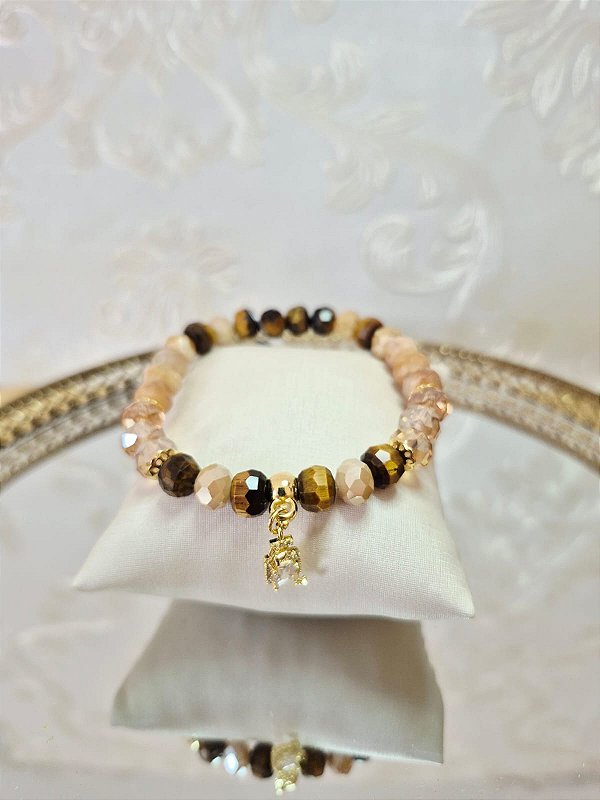 Pulseira Olho de Tigre Facetado e pingente em zircônia (pulseira elástica)