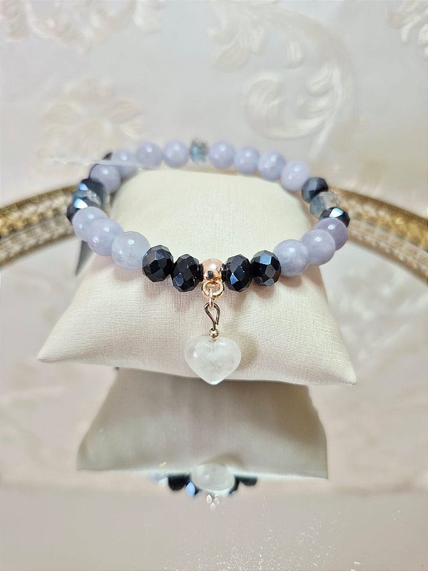 Pulseira Pedra Natural Água Marinha e pingente Coração Quartzo (pulseira elástica)