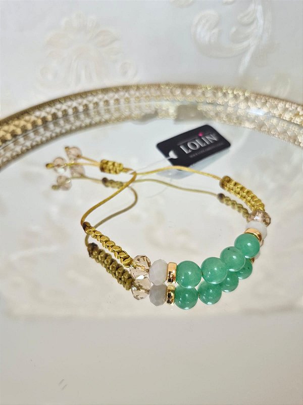 Pulseira Macramê Pedra Natural Quartzo Verde