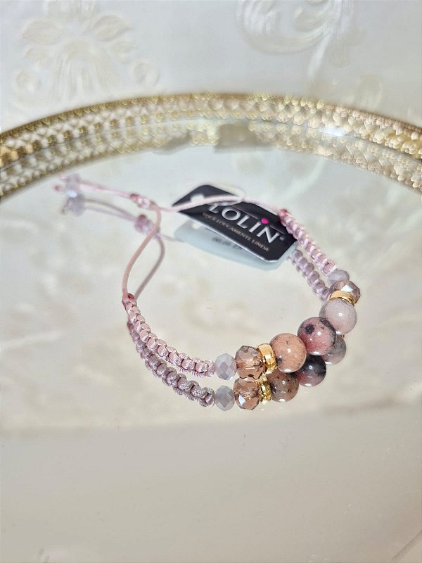 Pulseira Macramê Pedra Natural Rodonita