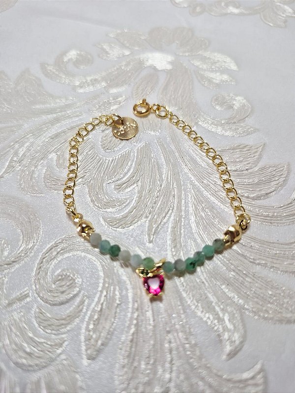 Pulseira Infantil com fecho Pedra Natural Esmeralda banhado em Ouro 18K e pingente Beija Flor