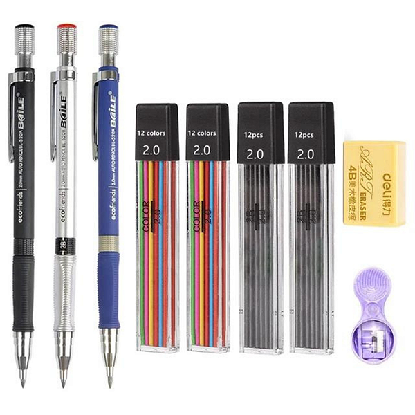 KIT 3 LAPISEIRAS COM 2 REFIL GRAFITE  2 REFIL COLORIDO 2.0