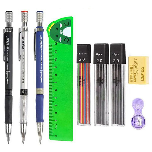 Kit 3 Lapiseiras + 3 Refis Grafite 2.0 + Apontador + Regua
