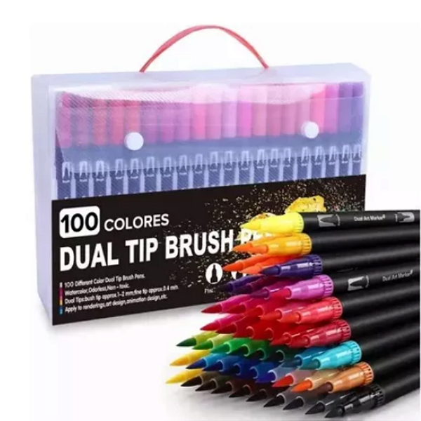 KIT 100 CANETINHAS MARCADOR PONTA DUPLA PROFISSIONAL ESCOLA