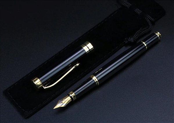 Caneta Tinteiro Pena Luxo Presente Preta Lisa Mod 02