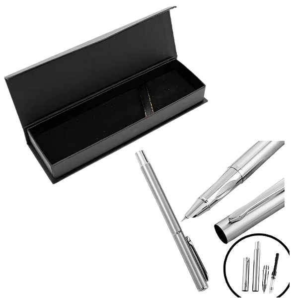 Caneta Prata Pena Tinteiro Presente Luxo Extra Fina 0,38Mm