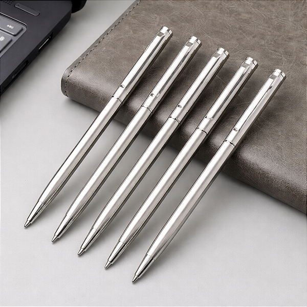 KIT 5 CANETAS ESFEROGRÁFICAS GRAVAÇÃO AÇO INOX PONTA MÉDIA