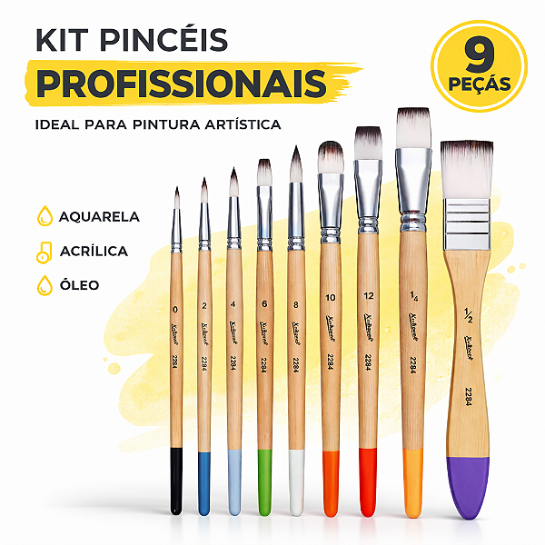 KIT 9 PINCEIS NYLON PINTURA ARTISTICA ACRILICA OLEO AQUARELA