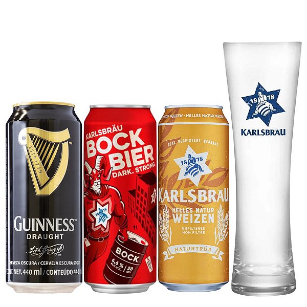 Combo Cerveja Guinness, Bock e Weizen + Copo Karlsbrau