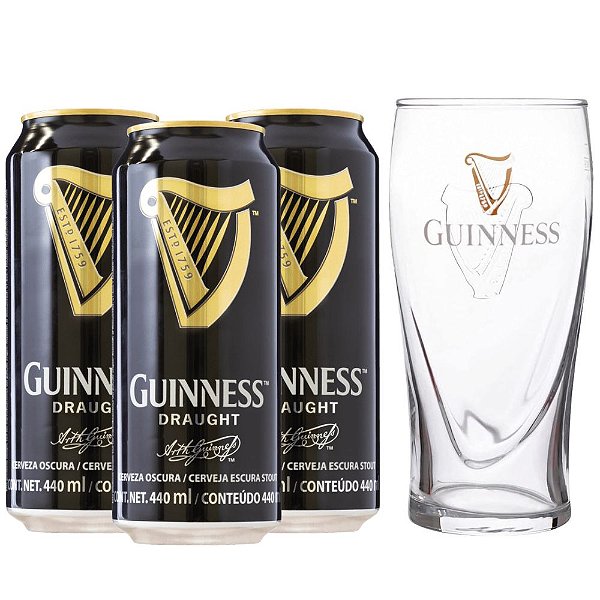Kit 3 Cervejas Guinness Draught, Lata 440ml + Copo 568ml