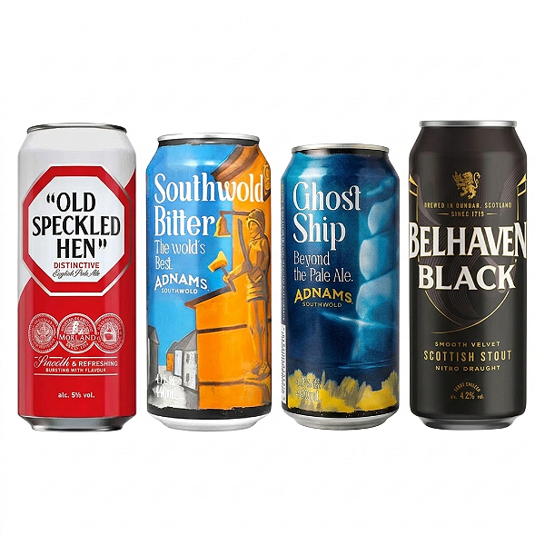 Mix de 4 Latas Britânicas — Old Speckled Hen, Belhaven Black Stout, Ghost Ship & Southwold Bitter