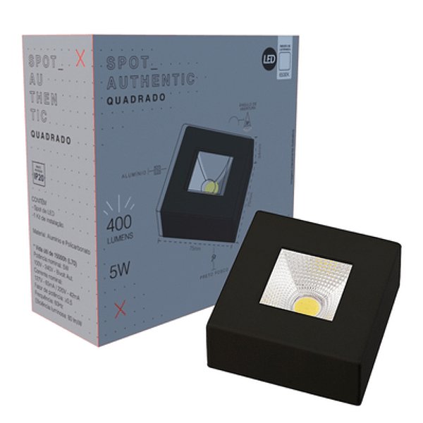 SPOT AUTHENTIC SOBREPOR QUADRADA PRETO FOSCO -5W-6500K-BIVOLT AVANT
