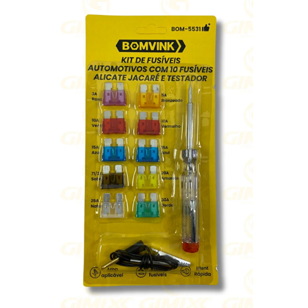CONJUNTO DE FUSIVEIS AUTOMOTIVOS CONTENDO 10 FUSIVEIS + ALICATE E TESTADOR BOM-5531