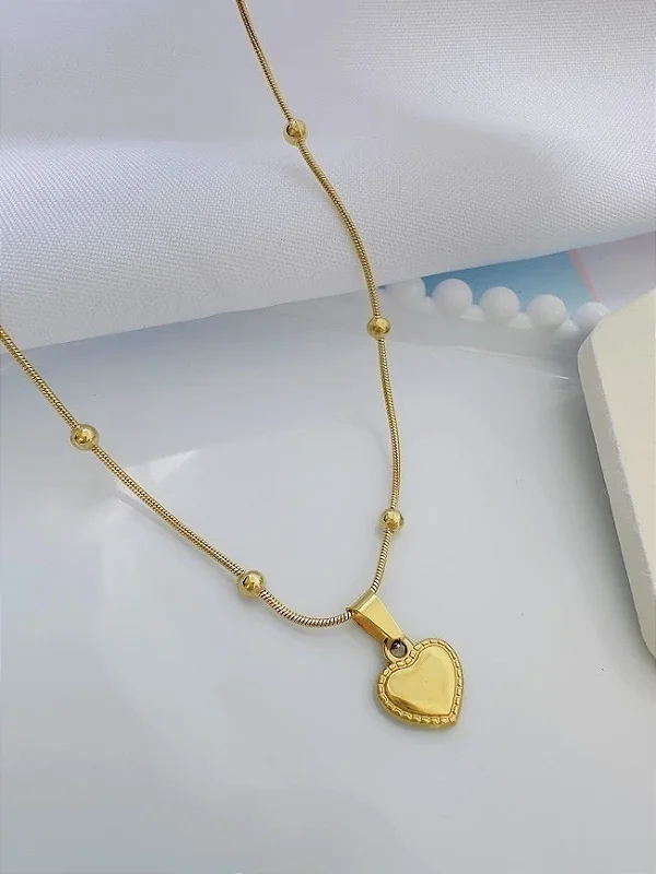 COLAR BOLINHAS CORAÇÃO DETALHES - AÇO INOX DOURADO