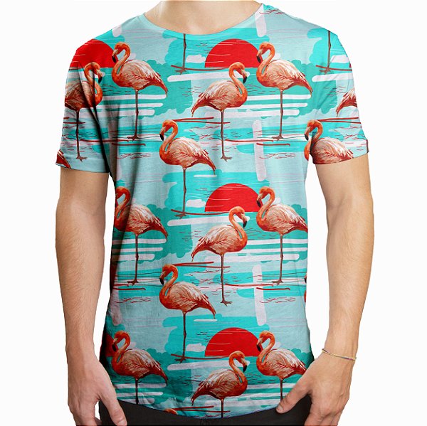 Camiseta Masculina Longline Swag Flamingos Estampa Digital