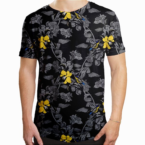 Camiseta Masculina Longline Swag Jardim com Pássaros Estampa Digital