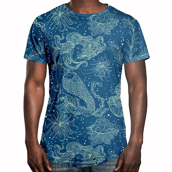 Camiseta Masculina Longline Swag Sereia e Plantas Marinhas Estampa Digital