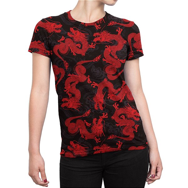 Camiseta Baby Look Feminina Dragão Chinês Vermelho Estampa Total