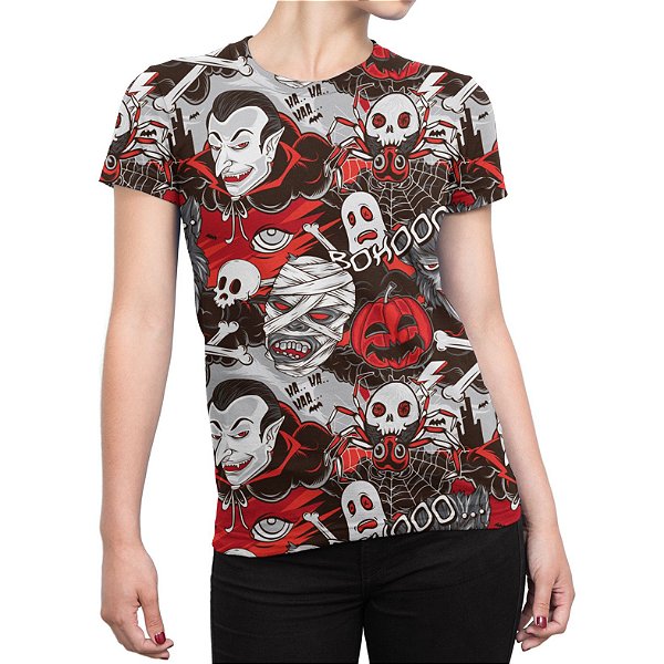 Camiseta Baby Look Feminina Monstros do Horror Estampa Total