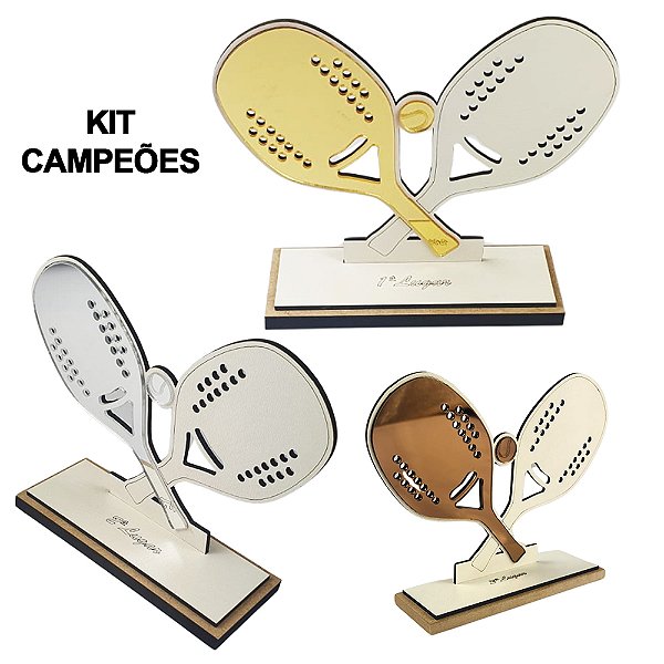 Kit 3 Troféus Beach Tennis Acrilico Dourado Prata Bronze