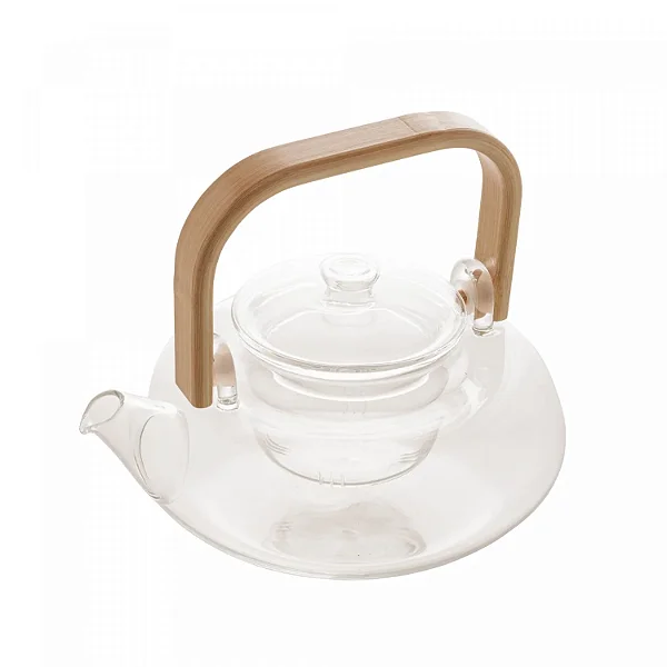 Chaleira de Vidro Borossilicato Resistente a Calor com Alça de Bambu 800ml