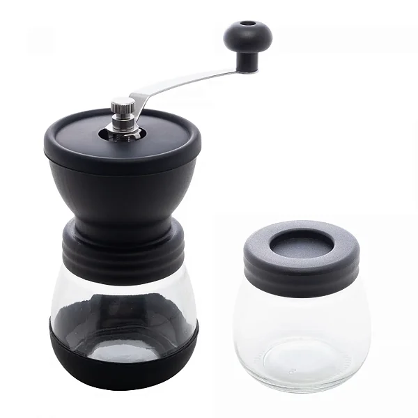 Moedor de Café de Aço Inox Manual com Porta Pó Extra de Vidro Preto 20cm x 10,5cm x 19cm