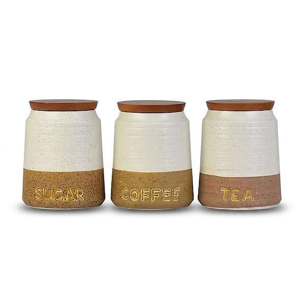 Jogo com 3 Potes Sugar, Tea, Coffee Branco e Marrom em Cerâmica Decorativa