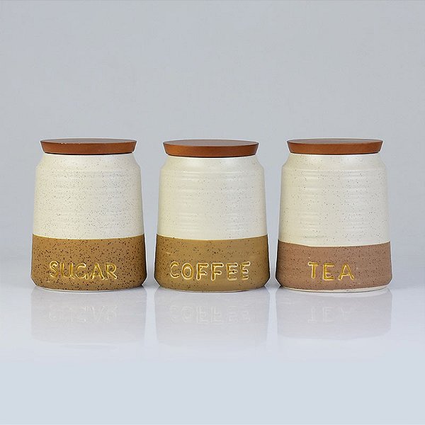 Jogo com 3 Potes Sugar, Tea, Coffee Branco e Marrom