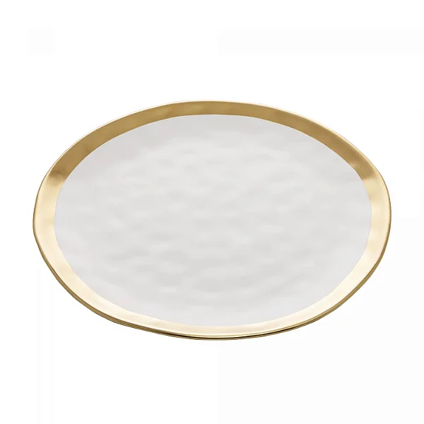 Prato para Sobremesa de Porcelana Dubai Branco e Dourado 22cm x 2cm