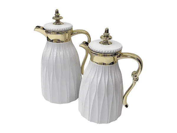 Kit Garrafa Térmica Café e Chá Branco e Dourado 1L e 700ml com Pressão – Conjunto Luxo