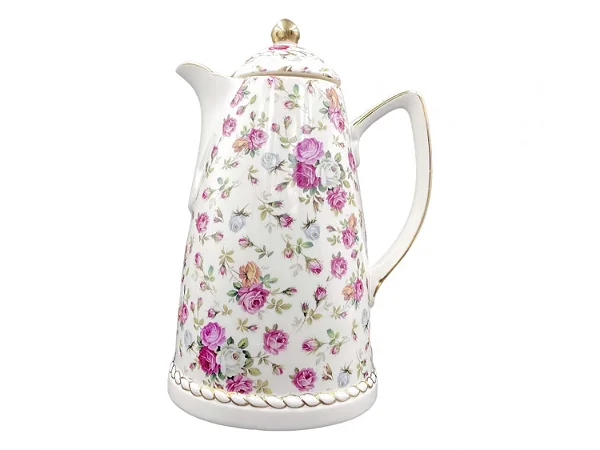 Garrafa Térmica Floral Rosa 1L em Porcelana com Detalhes Dourados – Luxo para Café e Chá