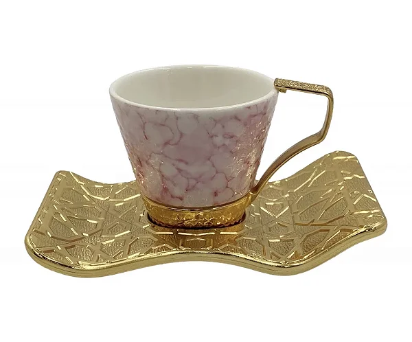Jogo de Xícaras de Café Rosa com Dourado em Porcelana – Conjunto com Pires 6 Peças Luxo