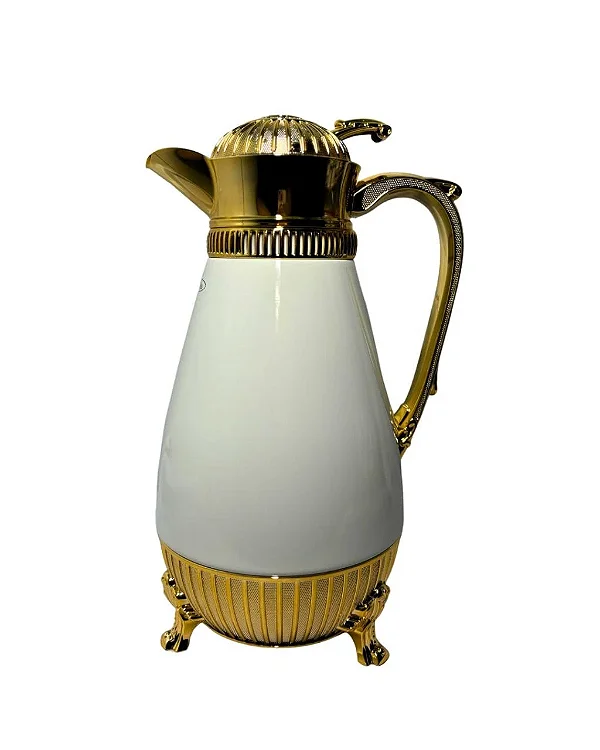 Garrafa Térmica 1L Branca e Dourada com Botão – Luxo Elegante para Café e Chá