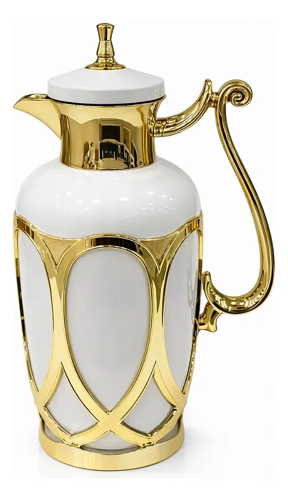 Garrafa Térmica 1 Litro Branca com Detalhes Dourados e Sistema de Botão
