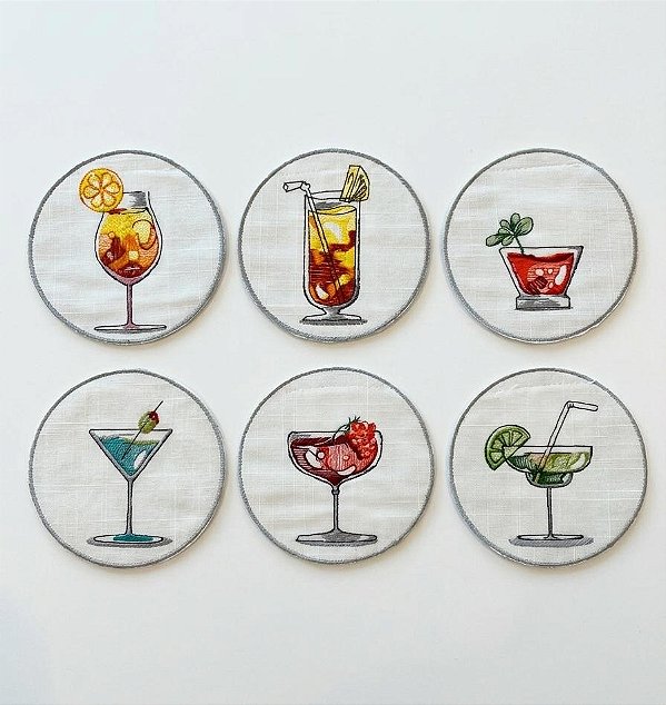 Porta Copos Casa Cocktail com Bordado 6 Unidades Auguri Casa 10cm